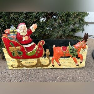 Vintage metal planter box Christmas Santa sleigh & reindeer hand painted